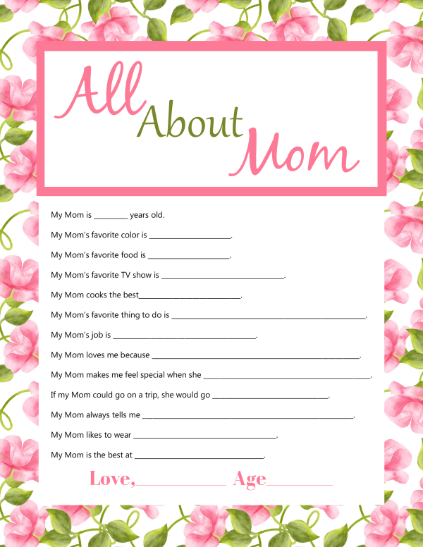 Mother's Day Questionnaire Printable A Cup Full of Sass