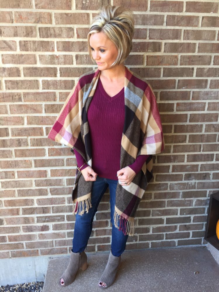 Fall Outfit Ideas. Plaid Open Front Poncho.