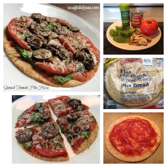collage spinach tomato pita pizza