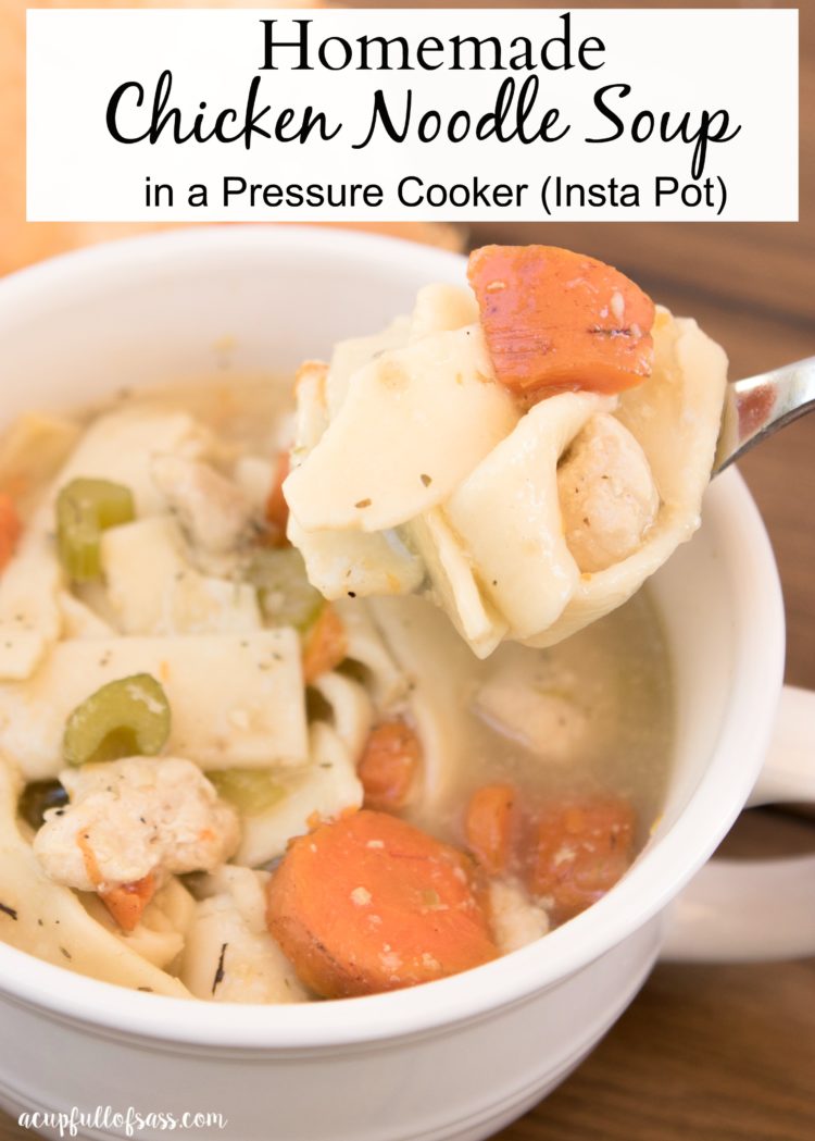 Homemade Chicken Noodle Soup in the pressure cooker (instant pot) in only 7 minutes. This soup is perfect when you want a home cooked meal, don't have much time. #instantpot #pressurecooker #instantpotrecipes