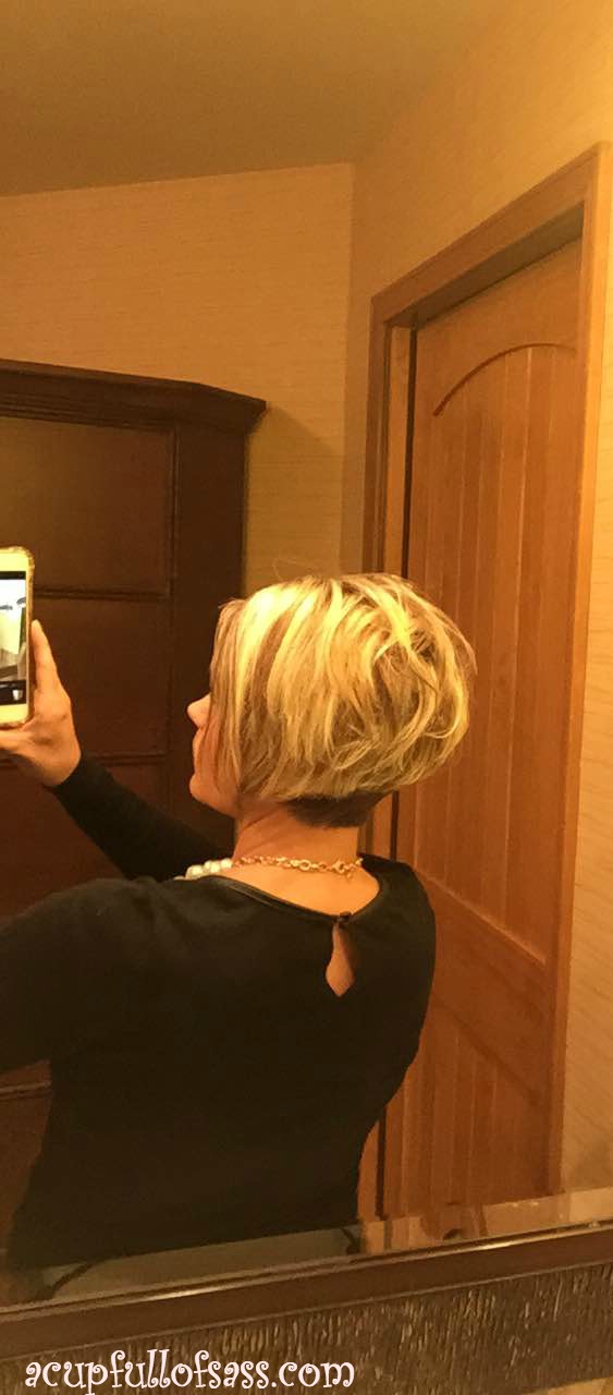 Back and side of short hairstyle.
