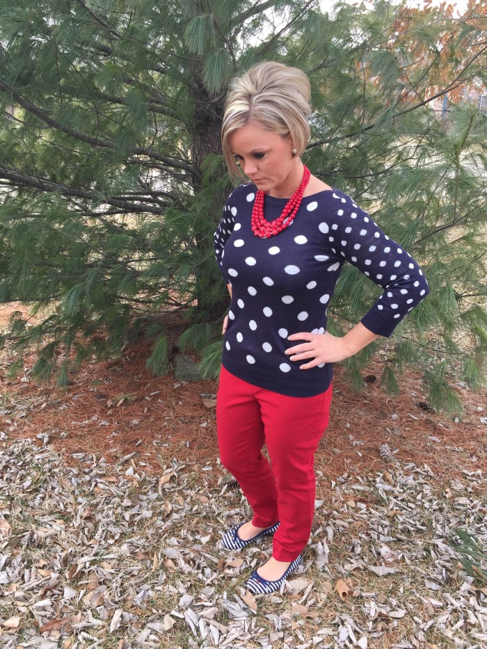 Polka Dot sweater with red jeans
