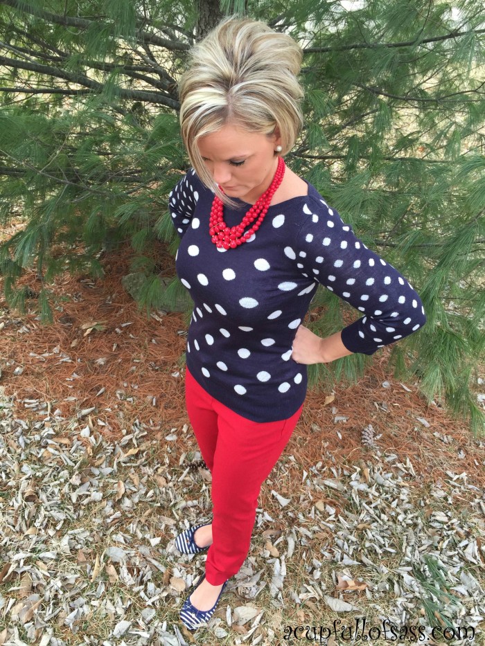 Navy Polka Dot sweater with red jeans outfit.