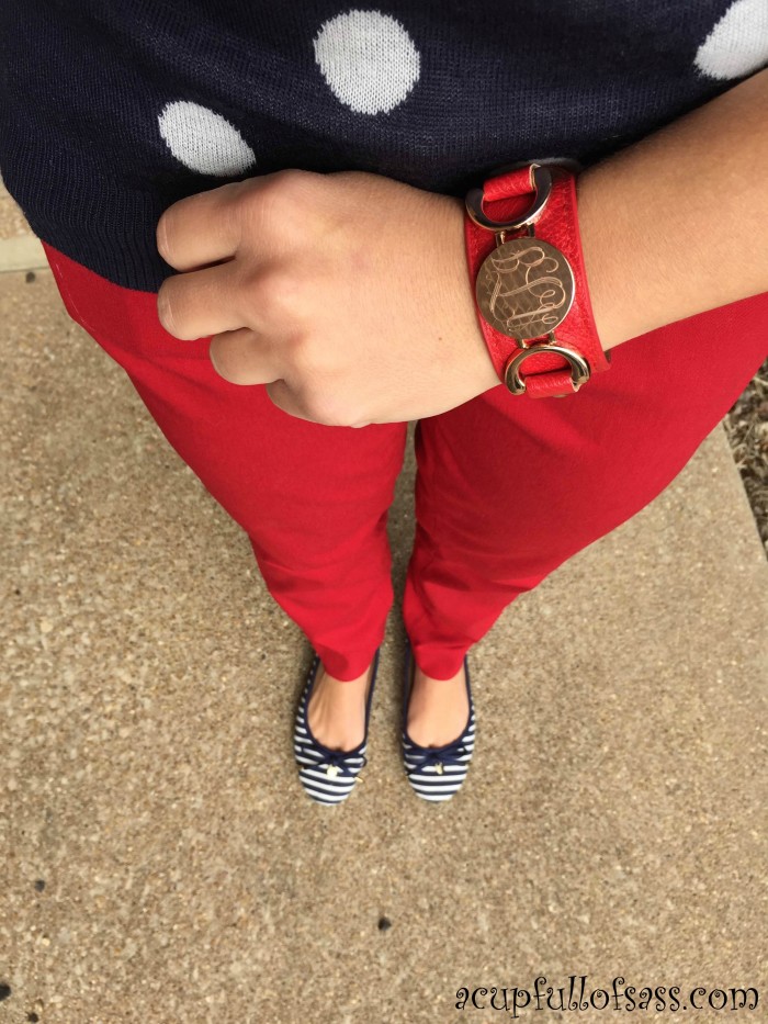 red monogram bracelet navy shoes