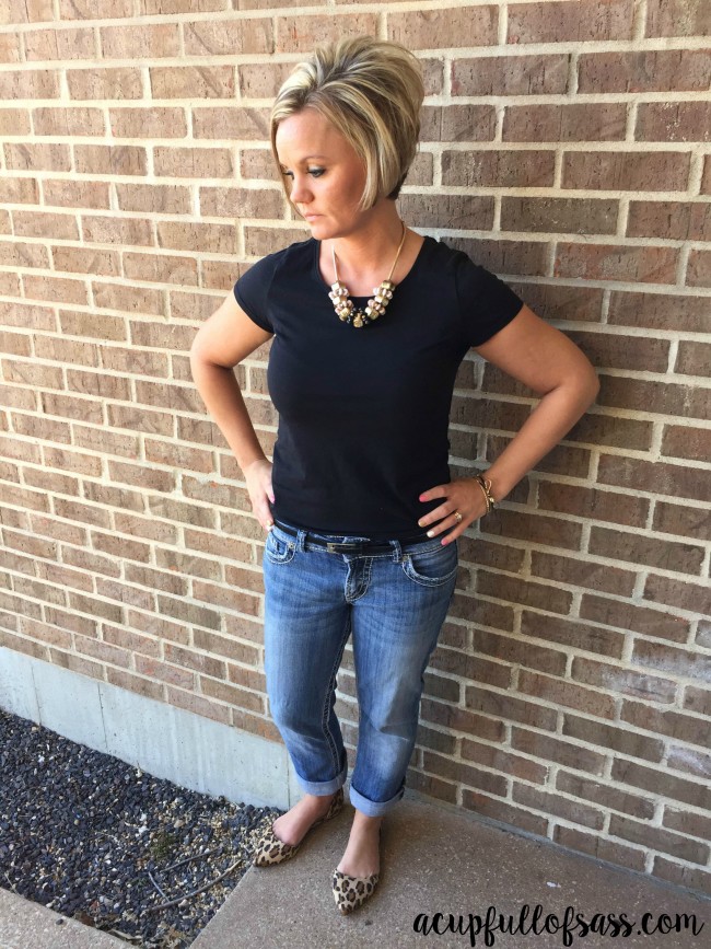 Gray Cardigan White Tee Black Jeans and Leopard Shoes Outfit details -  Putting Me Together