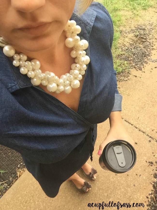 chambray dress with pearls