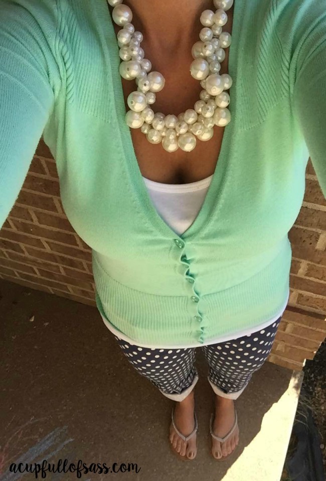 polka dot outfit pearls