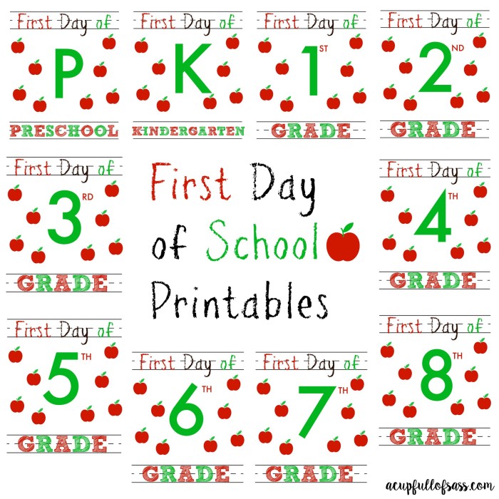 First Day of School Printable. Print your school grade for the first day of school pictures.