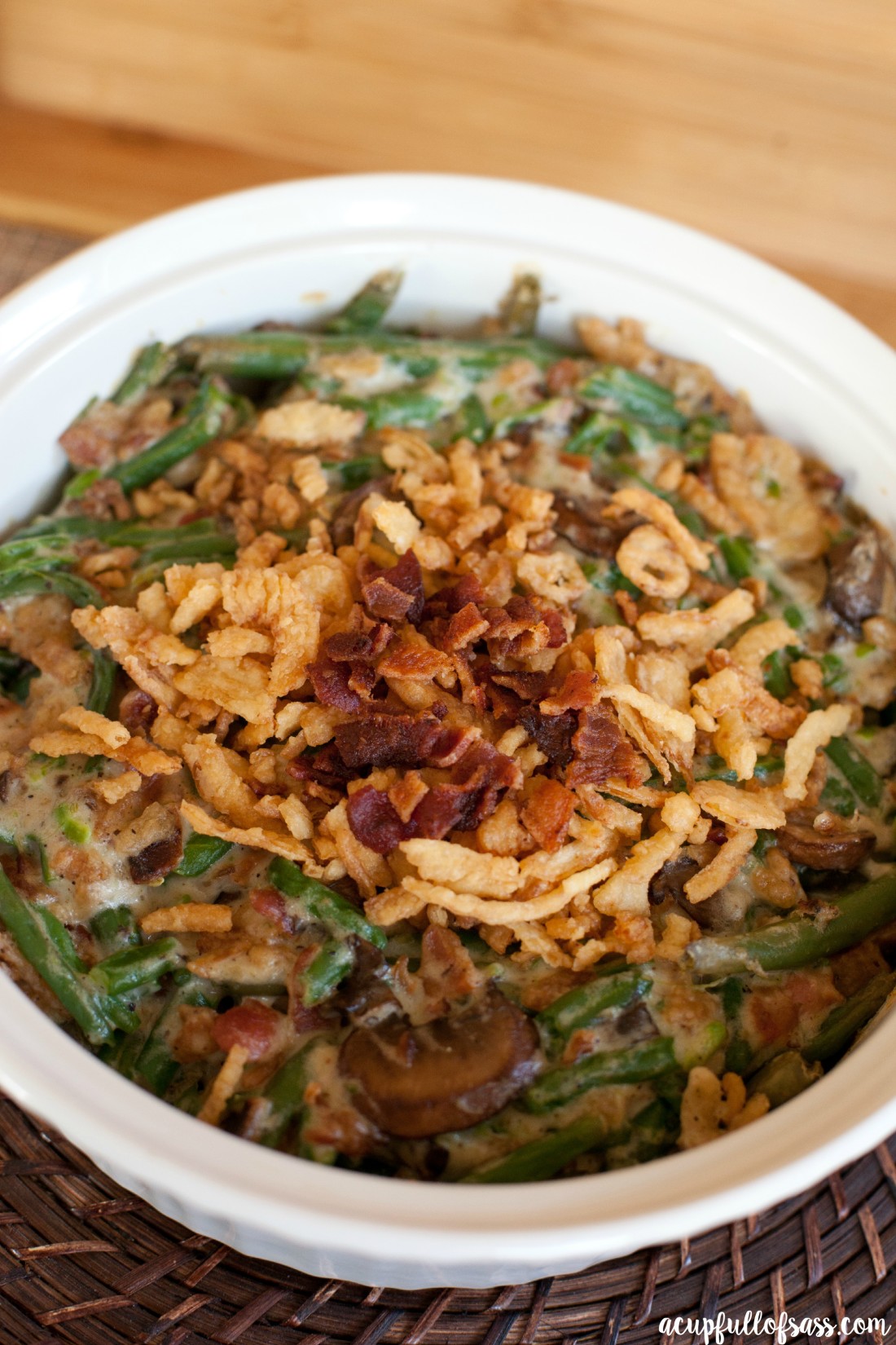 Bacon Green Bean Casserole for the holidays.This twist on your typical Green Bean Casserole will have your guest asking for seconds. #greenbean #greenbeancasserole #sidedish #bacon #homemade #casseole #bacongreenbeancasserole
