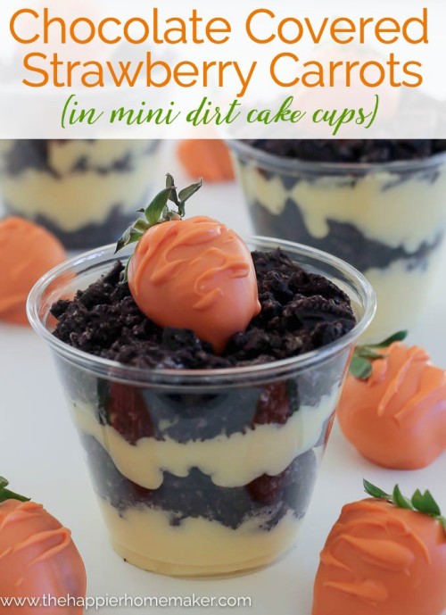 Chocolate Strawberry Carrots in mini dirt cake cups