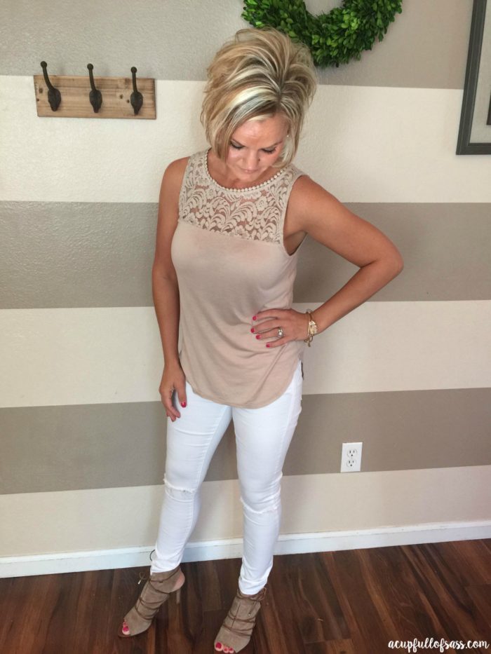 Fall Inspiration Outfit. Distressed skinny jeans, Lace Top, Ankle Boot Heels. 