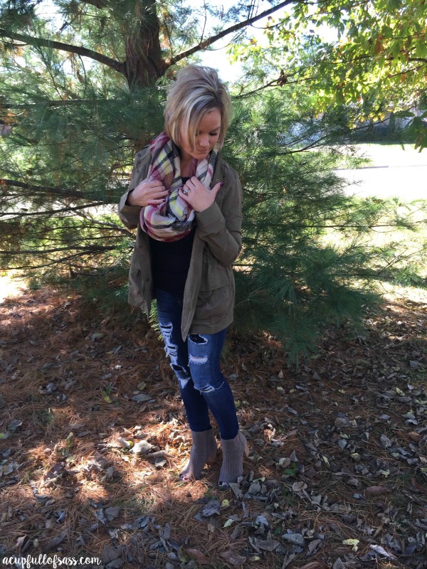 Fall Outfit Ideas. Military Jacket with Blanket Scarf. 