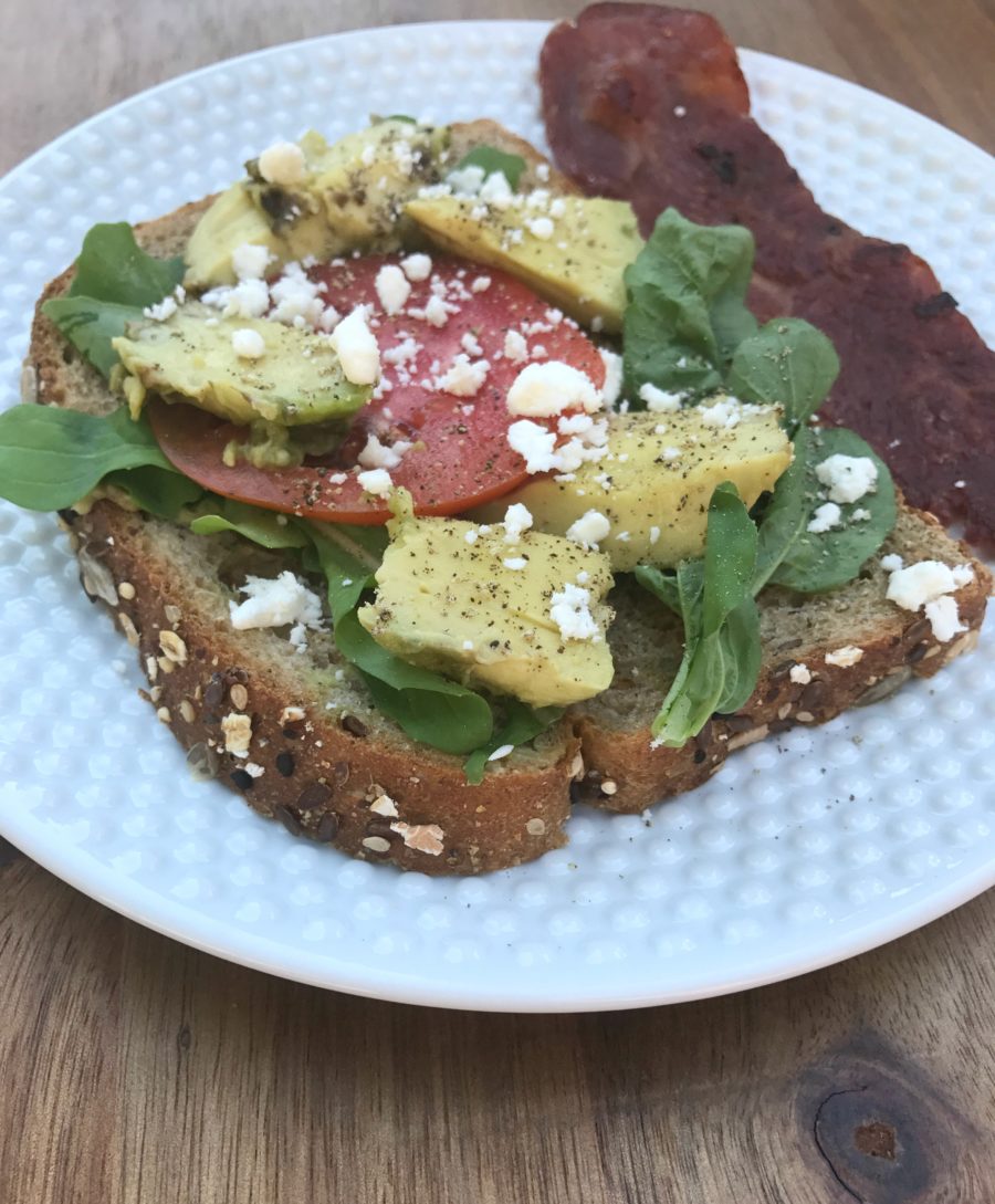 Whole Grain Toast with Avocado. Tomato, Spinach, Turkey Bacon