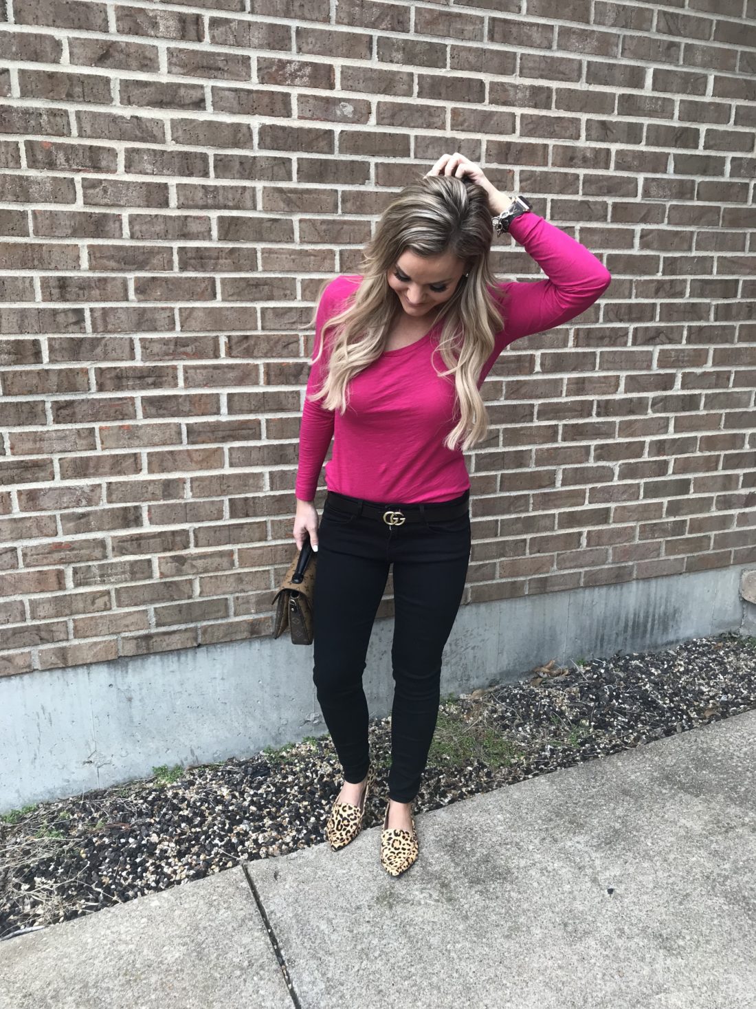Casual outfit for spring. Hot Pink Tee, black jeans with leopard flats.