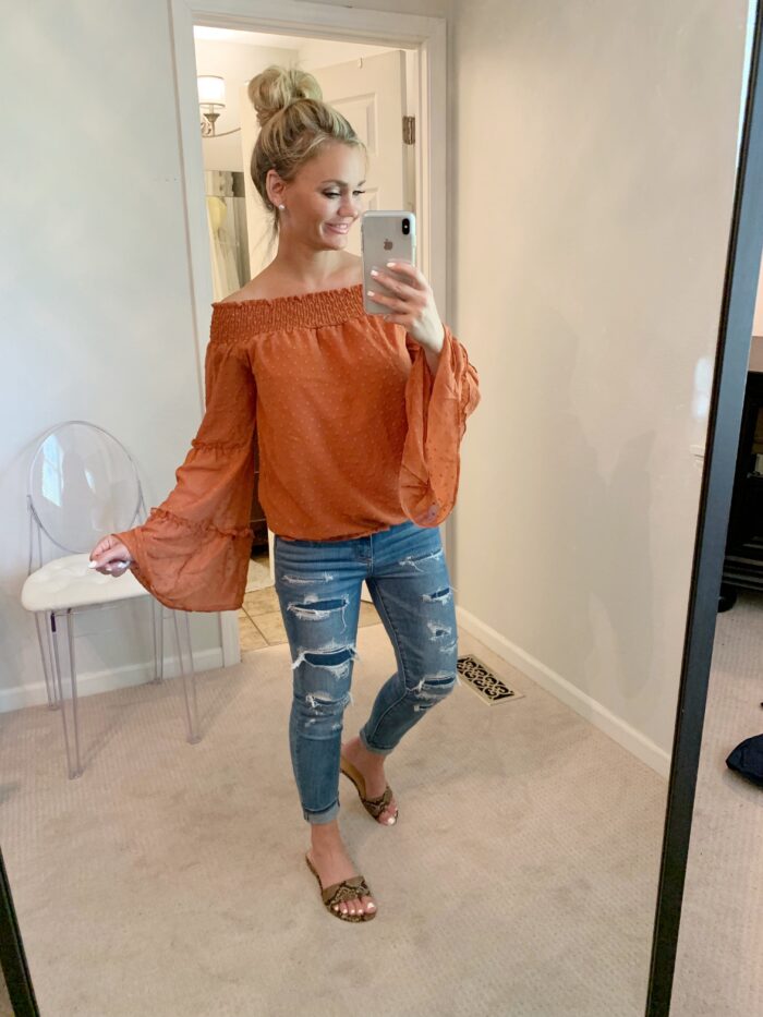 Amazon Fall outfits. Burnt orange Fall outfit top with snake print shoes.