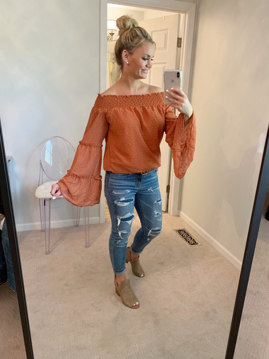 Amazon Fall outfits. Burnt orange Fall outfit top with snake print shoes.