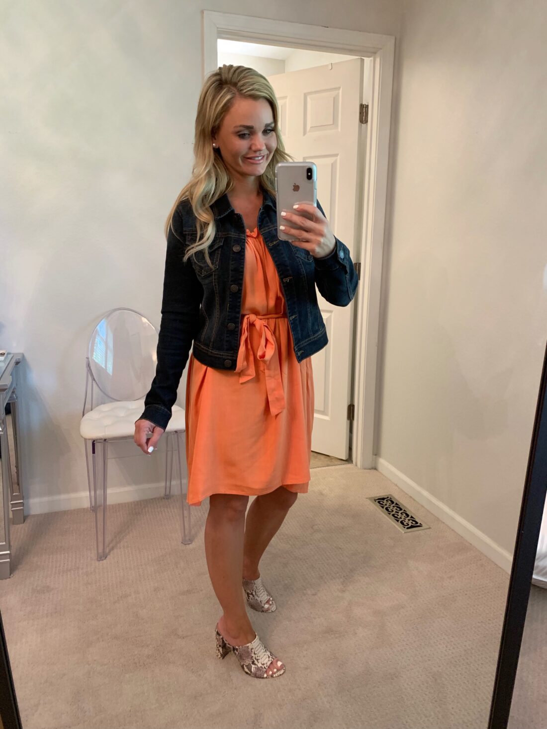 Amazon Fashion Finds for Fall. Orange Dress with a denim jacket and snakeskin shoes.