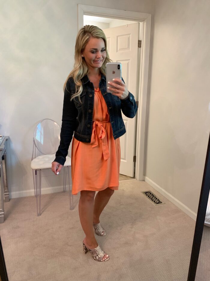 Amazon Fashion Finds for Fall. Orange Dress with a denim jacket and snakeskin shoes.