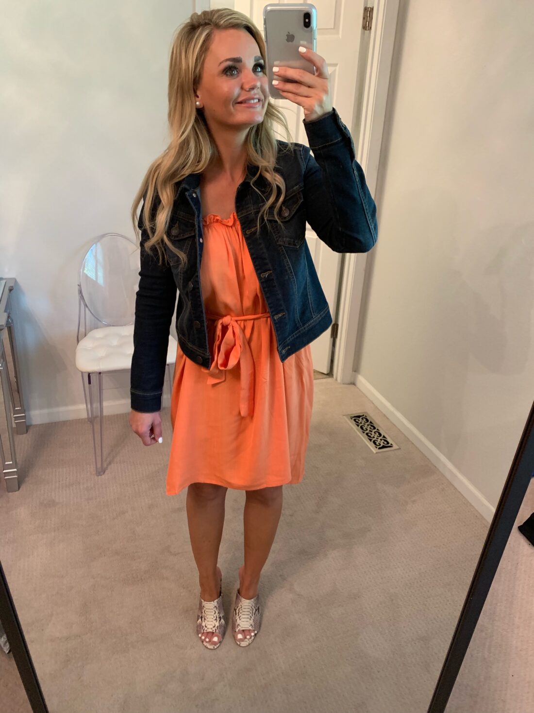 Amazon Fashion Finds for Fall. Orange Dress with a denim jacket and snakeskin shoes. 