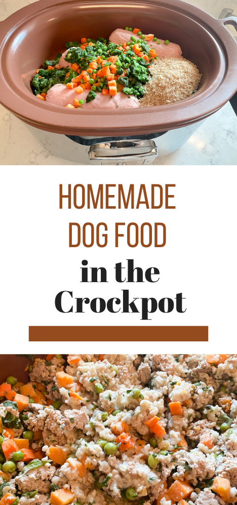 Easy Homemade dog food in the crockpot. Made with ground turkey, frozen vegetables and rice. 