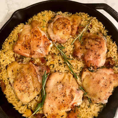 One skillet Chicken Thighs with Orzo and dates.