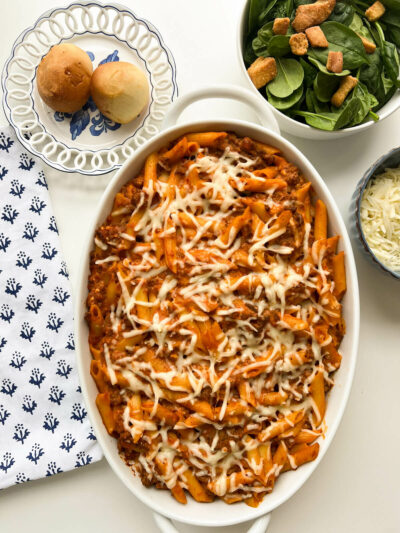 Easy Creamy Pasta Bake with Italian sausage and ground beef.