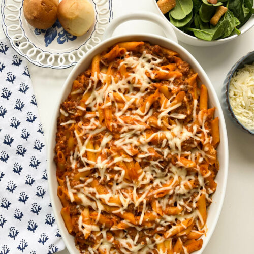 Easy Creamy Pasta Bake with Italian sausage and ground beef.