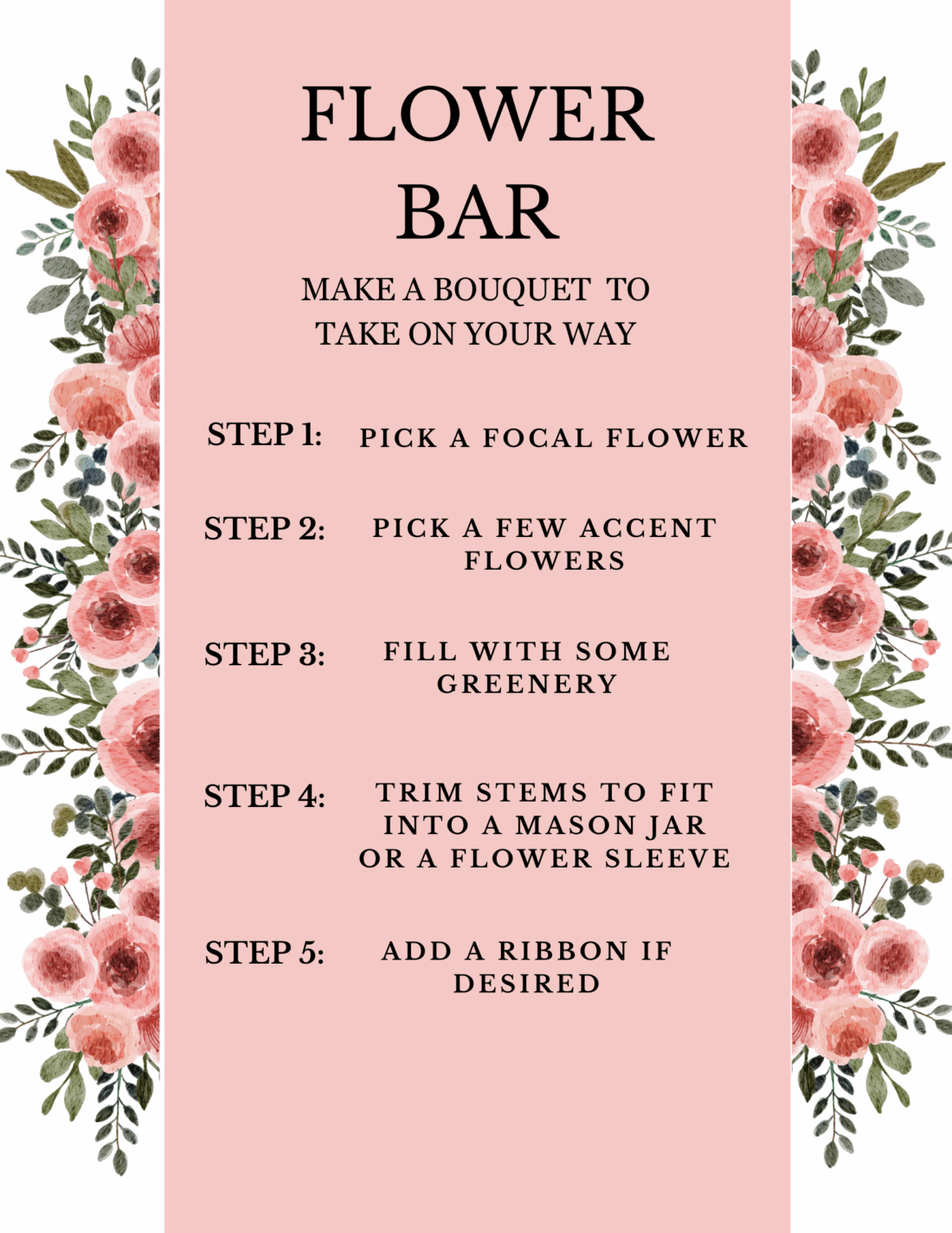 Flower bar instruction Free printable sign with bouquet-making steps for a DIY bloom flower party